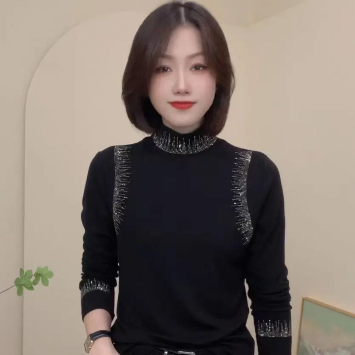 2025秋冬洋气百搭长袖新款半高领烫钻T恤女气质减龄德绒打底上衣