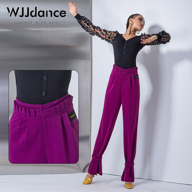 WJJdance摩登舞裤子女2025新款百褶腰头高腰交谊国标舞长裤练功服