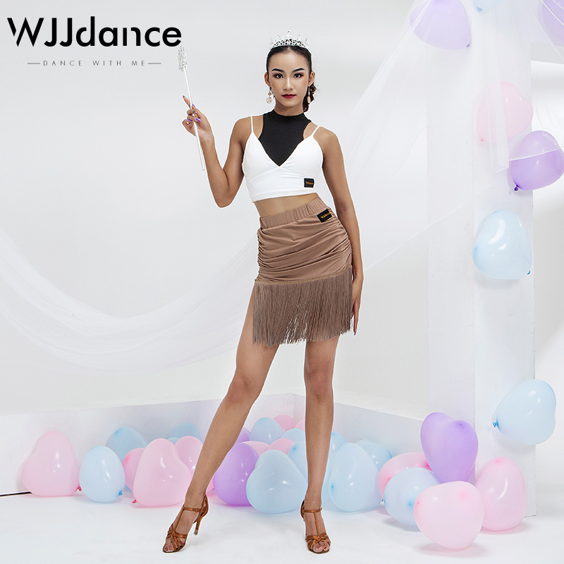 WJJdance拉丁舞流苏半身裙女新款侧抽褶开叉国标桑巴短裙练功服