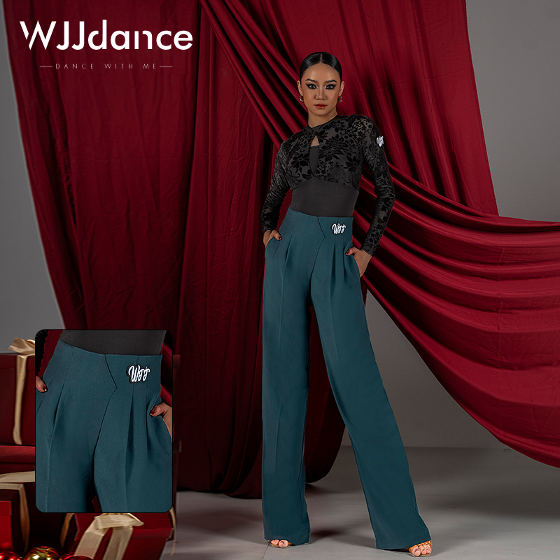 WJJdance国标舞裤子女2025新款不规则拼接高腰拉丁摩登长裤练功服