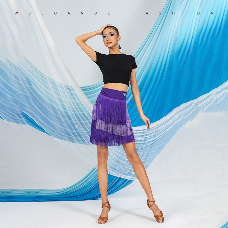 WJJdance拉丁舞臀巾半身裙女2025新款渐变色三层流苏国标系绑短裙