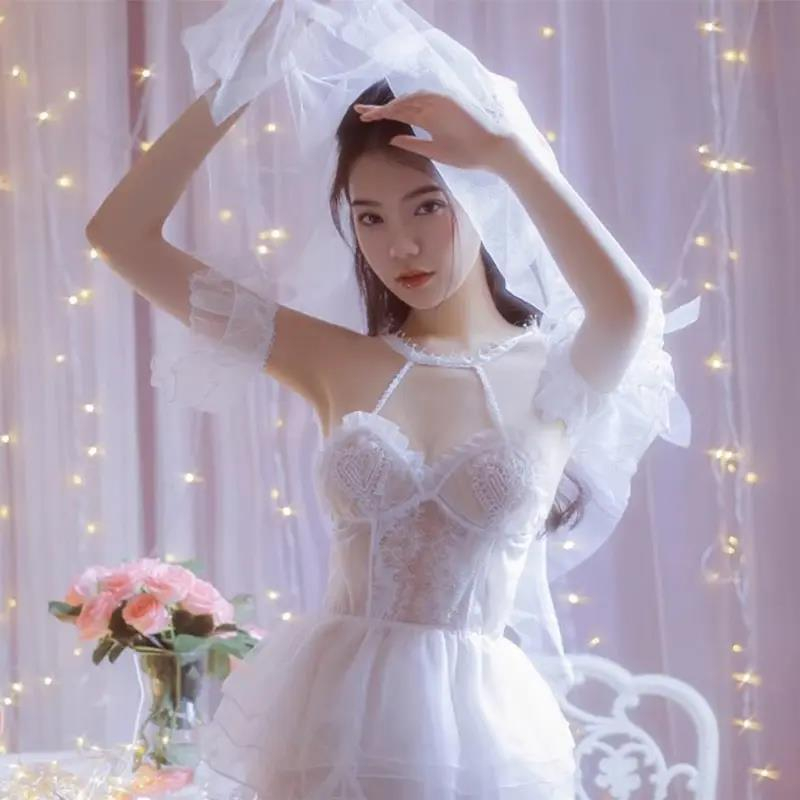 ydy气质新娘女制服角色扮演蕾丝清纯甜美婚纱性感透明公主白色