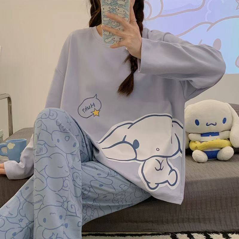 春秋季长袖睡衣女带胸垫可爱卡通家居服宽松舒适