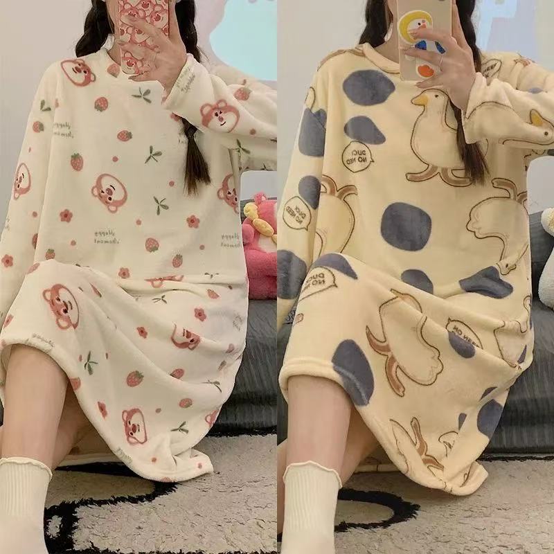 睡裙女冬季加厚加绒长款过膝宽松卡通甜美女士睡衣