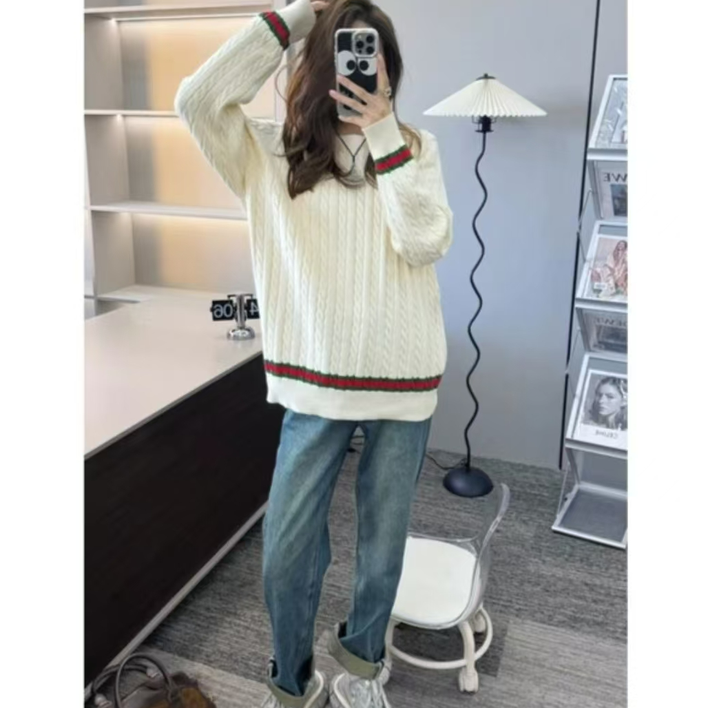 【晶】2024秋冬新款红绿抽绳套头毛衣V1006