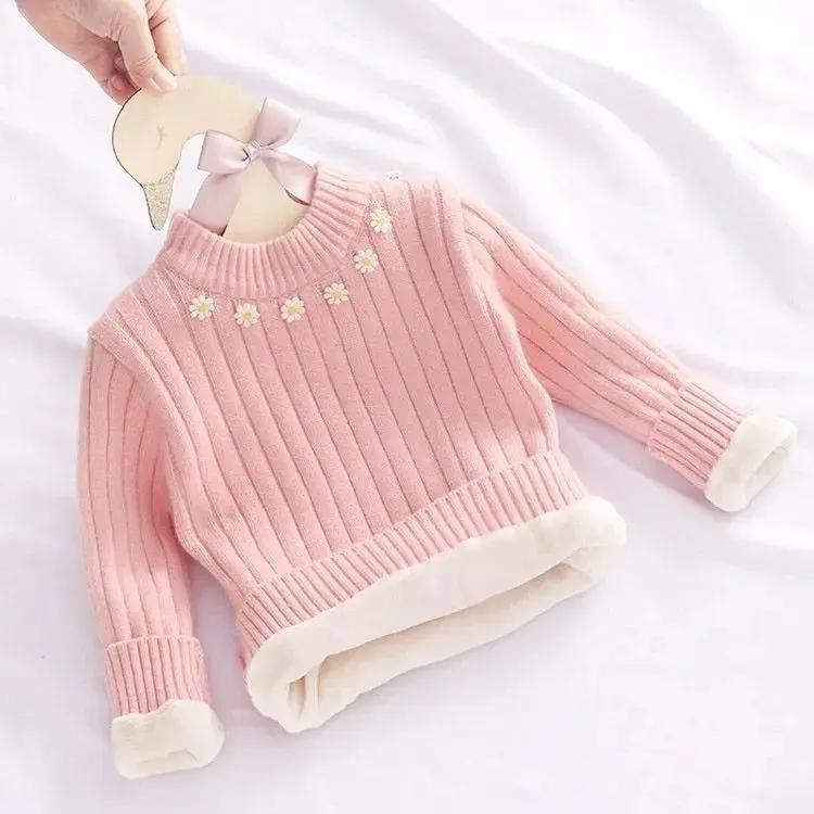 【双旦冬季大促】新款冬装女童毛衣加绒加厚宝宝圆领针织衫婴儿套