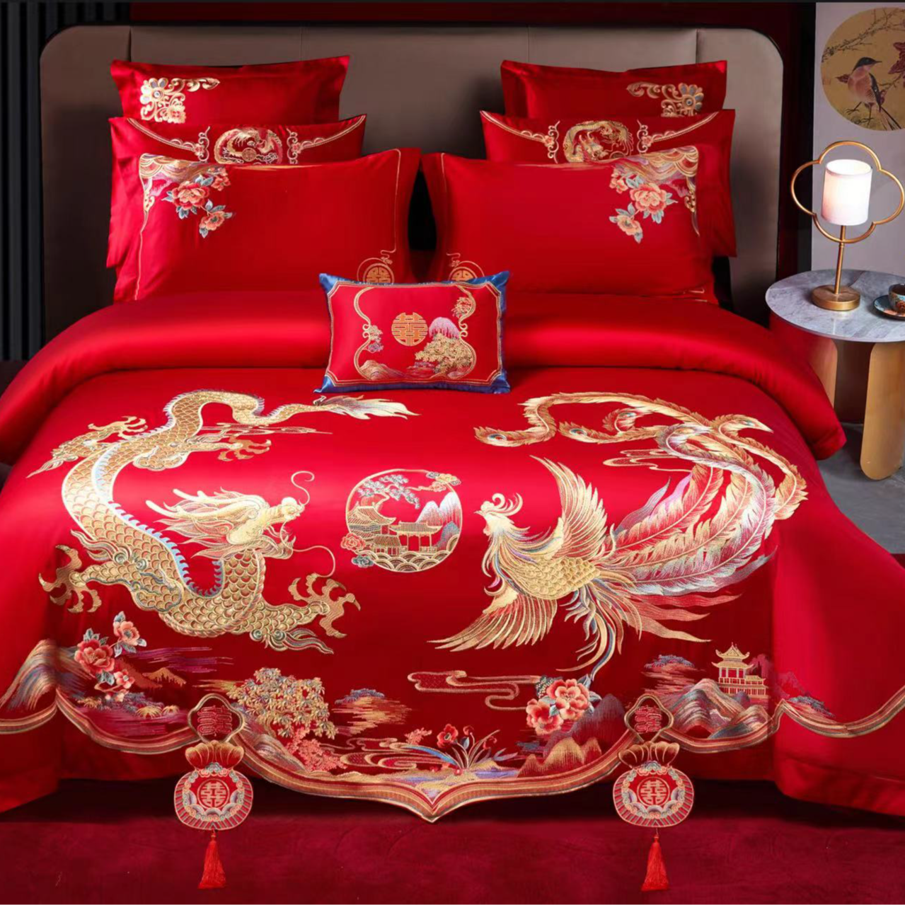 龙凤情缘长绒棉刺绣花婚庆四件套龙凤呈祥大红新婚主卧被子四件套