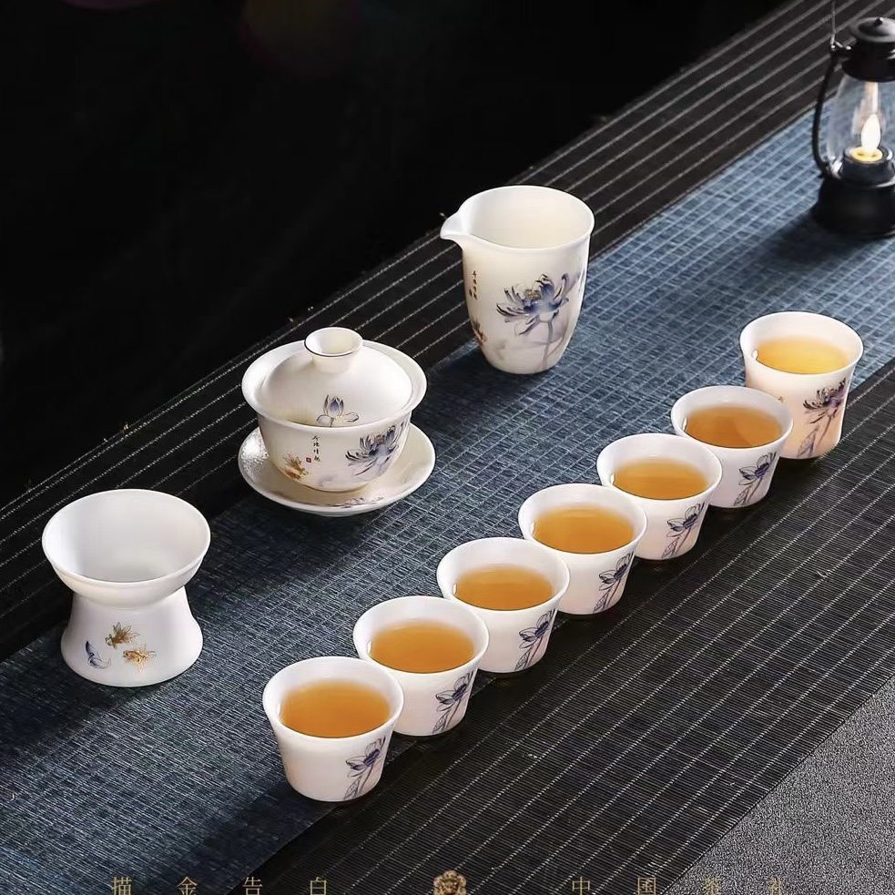 高档冰种玉瓷素烧传统手工工艺描金兰彩荷花茶具套装家用陶瓷茶具
