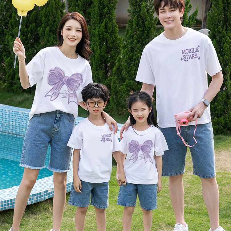 亲子装一家三口四口短袖2024新款洋气休闲母女装网红潮款蝴蝶结