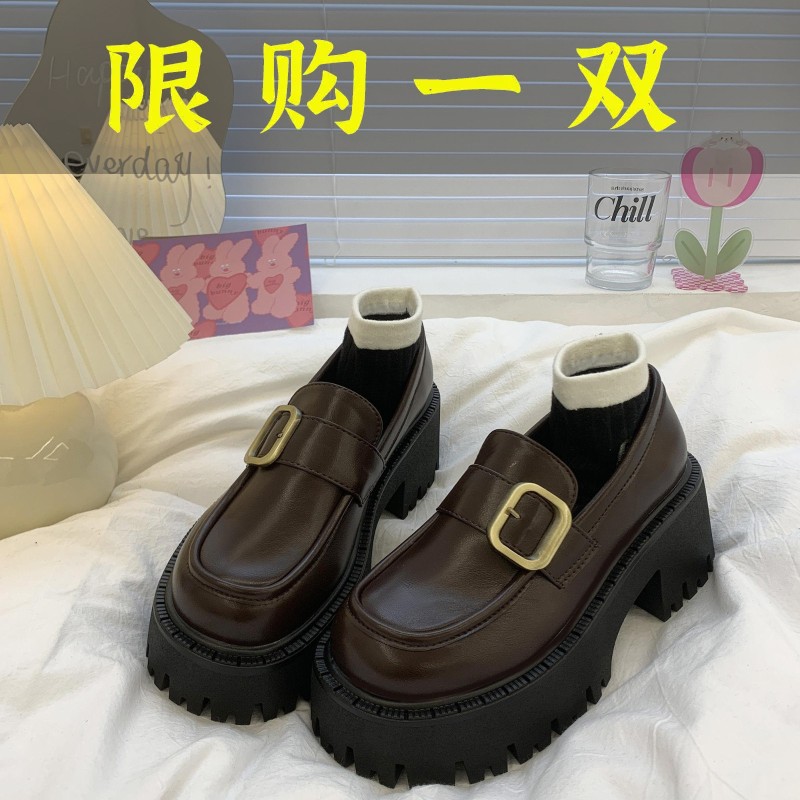 百丽纯爱棕色法式厚底乐福鞋女2023新款春季圆头百搭复古粗跟英