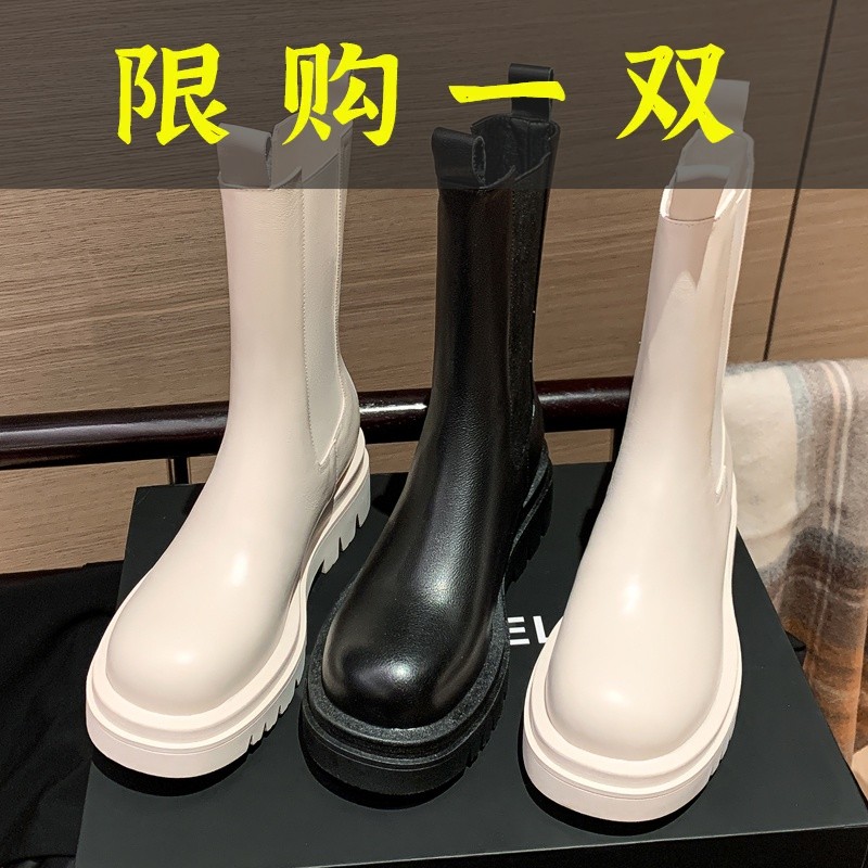 百丽纯爱白色短靴女厚底小个子内增高马丁靴英伦风显瘦真皮切尔