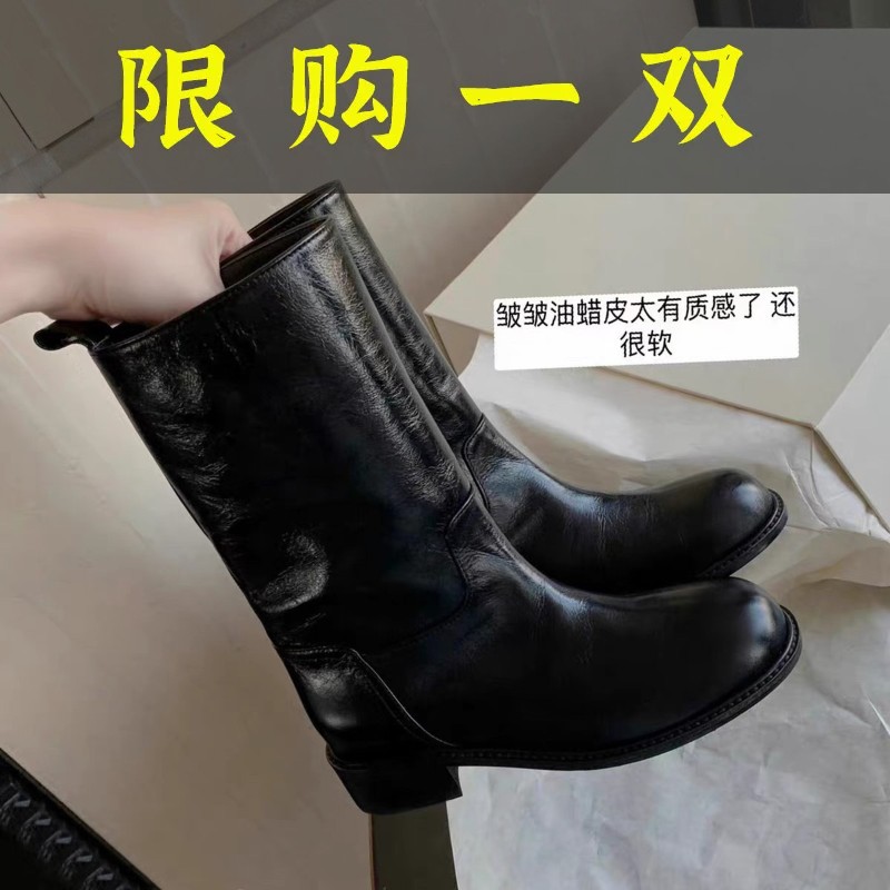 百丽纯爱真皮～复古gao级感宽筒真皮粗跟中筒西部骑士短靴女秋