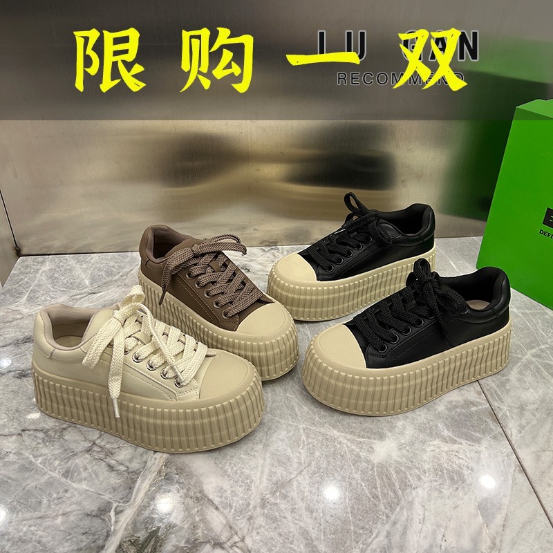 百丽纯爱增高厚底饼干板鞋女2023年新爆款秋季休闲圆头松糕底系