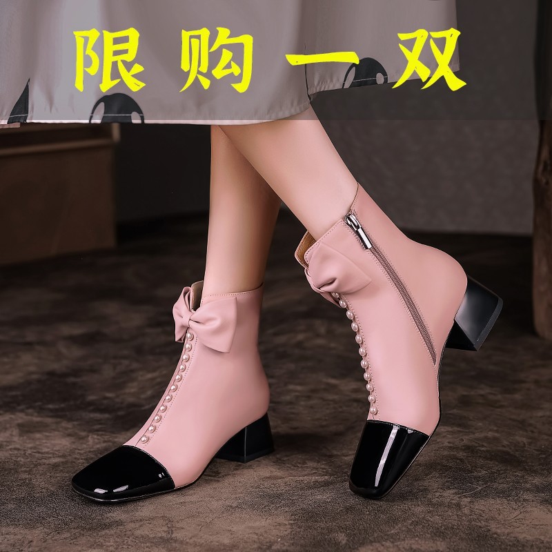 百丽纯爱2023年秋冬季新款粗跟马丁靴女真皮中跟时装靴女鞋时尚