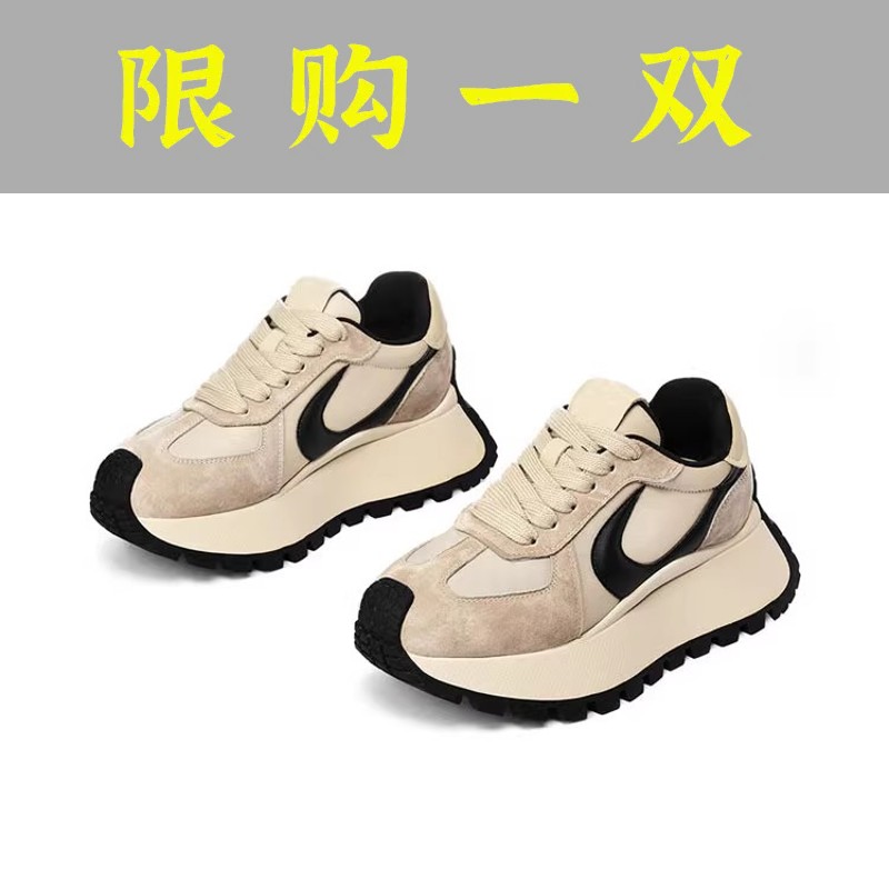 百丽纯爱高品质真皮厚底阿甘鞋女2023秋季新款拼色百搭华夫休闲