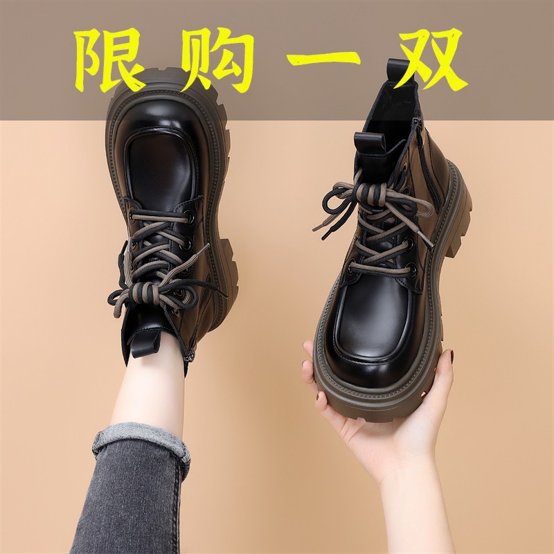 百丽纯爱英伦风马丁靴女冬加绒2023新款厚底炸街小短靴增高显瘦