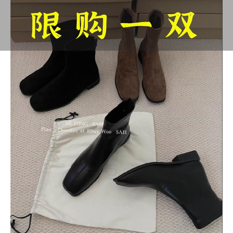 百丽纯爱韩版极简百搭短靴复古绒面方头低跟瘦瘦靴气质显瘦裸靴