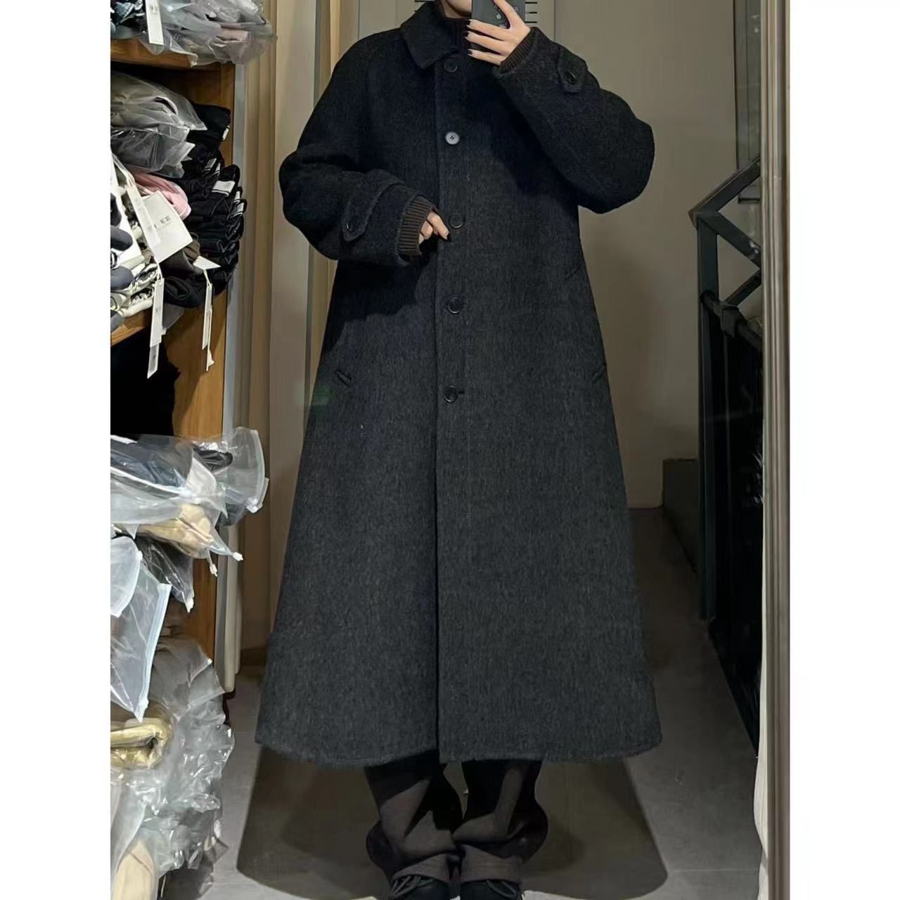 【Yangzipuzi】秋冬升级加厚版小翻领显瘦插肩袖扣斜口袋大衣