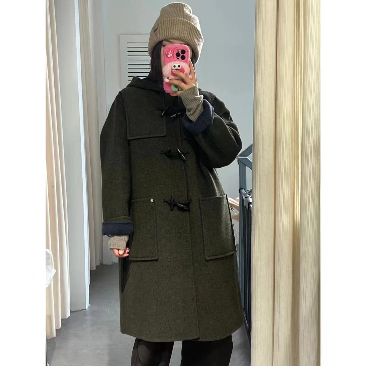 【Yangzipuzi】秋冬长款大口袋连帽三粒牛角扣毛呢大衣外套