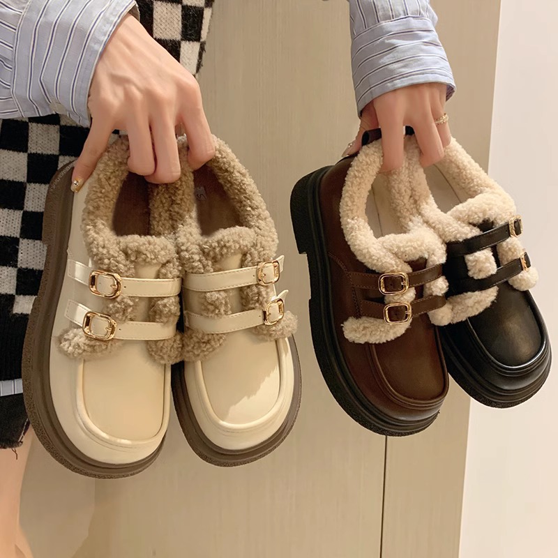 千寻宜鞋毛毛鞋乐福鞋英伦风小皮鞋2024秋冬加绒保暖棉鞋厚底jk单