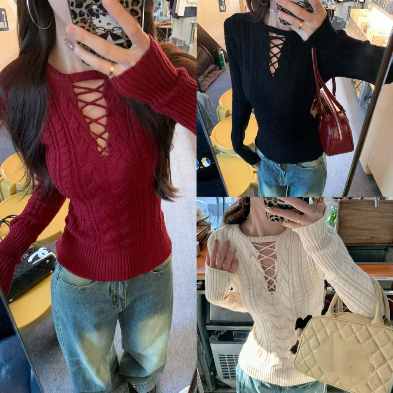 美式复古麻花镂空毛衣2024修身显瘦小心机打底