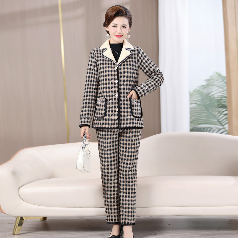 [断码清仓】冬季新款秋冬妈妈装加绒加厚西装领格子套装