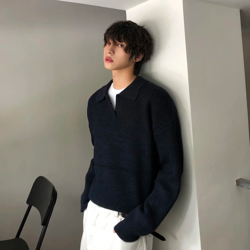 LIGGICC复古翻领针织衫毛衣男美式日系古着vintage毛线衣纯色百搭