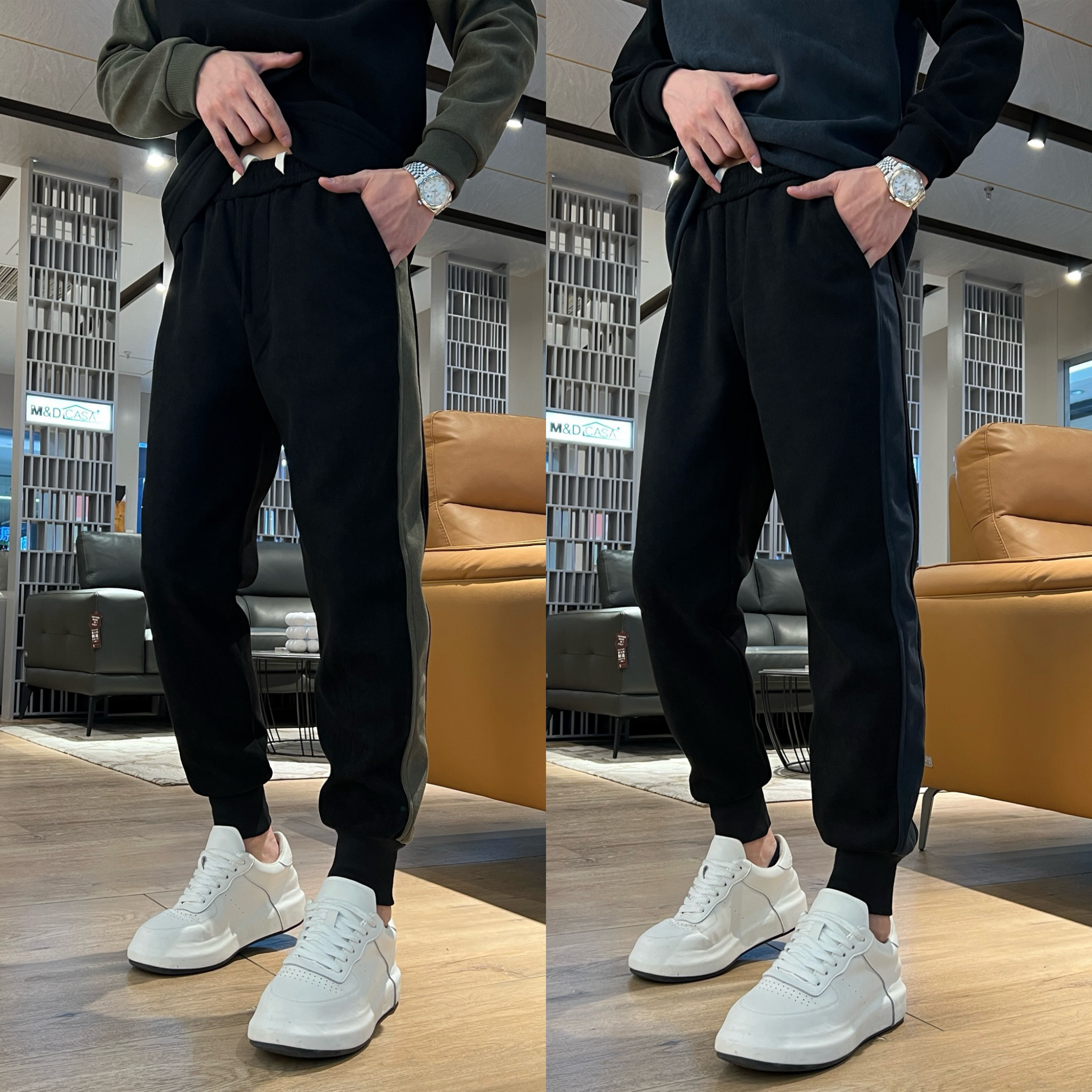 秋冬新款加绒保暖休闲裤百搭潮流速脚小脚卫裤拼接时尚大码男裤