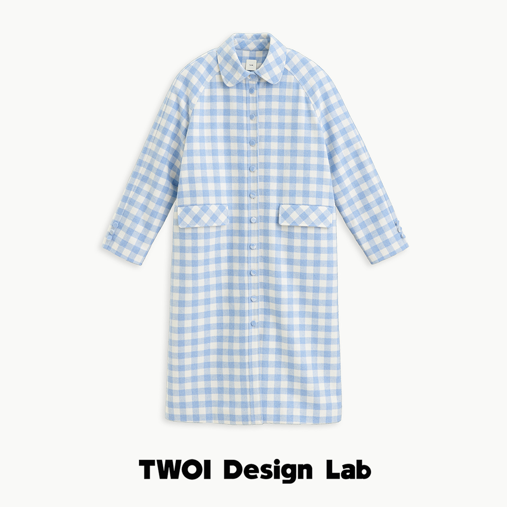 TWOI Design Lab "经典蓝白格" 「奶油蓝白格插肩袖包扣大衣」
