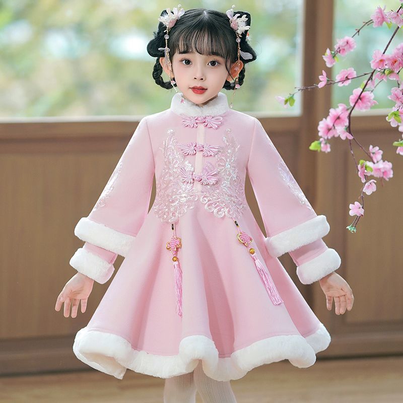 拜年服女童周岁唐装中国风加绒儿童过年喜庆新年装公主裙宝宝裙子