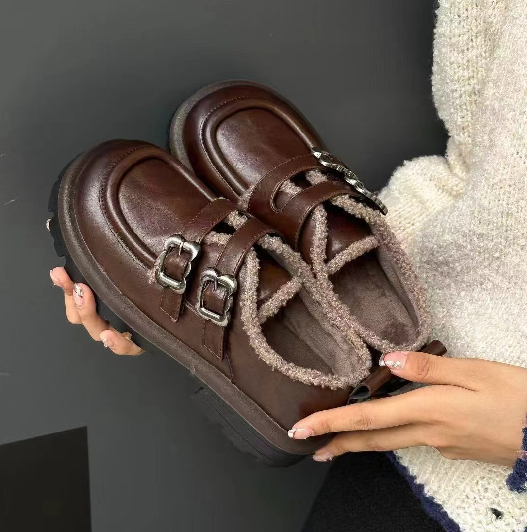 乐福鞋 女2024冬季新款加厚保暖一脚蹬英伦风小皮鞋百搭秋冬