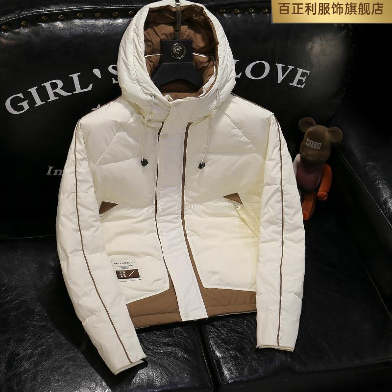 白鸭绒羽绒服男士立领短款冬装2023年新款加厚保暖连帽军绿色外套