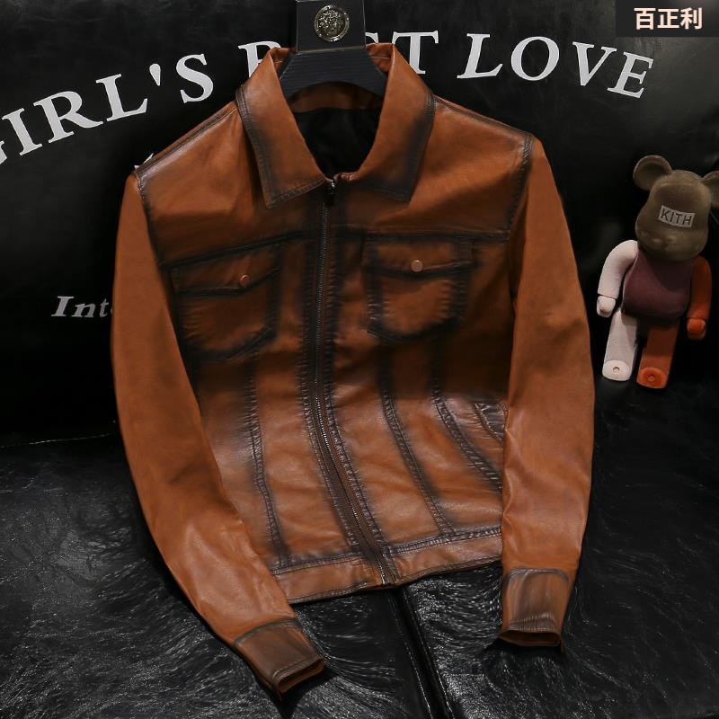 欧货2023秋季新款男士撞色机车皮衣时尚复古男装翻领pu皮夹克外套