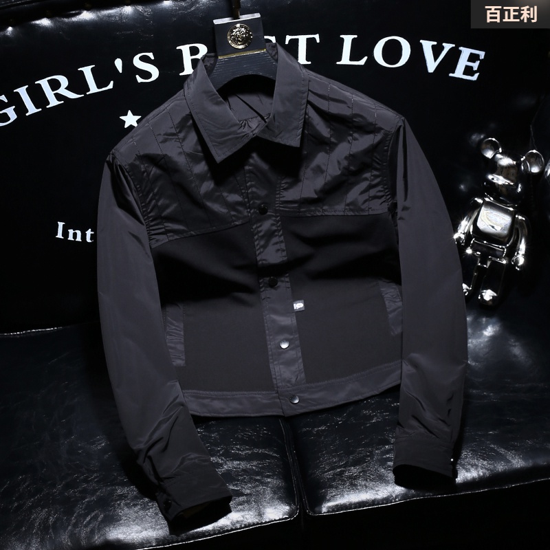 欧货流行夹克男2023秋季新品翻领拼接休闲纯色上衣男士简约外套帅