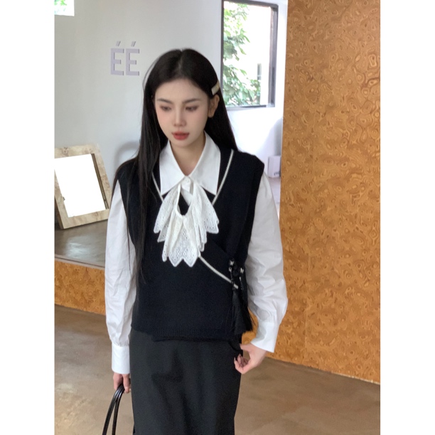 【赵小小YIMAO】6085 不规则一粒扣针织马甲慵懒风叠穿v领毛衣背心