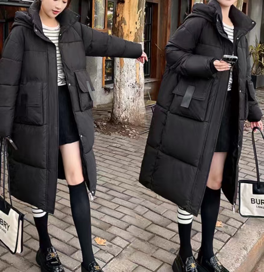 【王大美】冬季新款时尚简约大方长款大口袋连帽棉服869