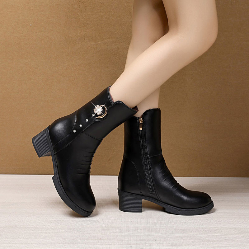 889靴子女新款高跟鞋女性感时尚中筒瘦瘦靴中老年妈妈鞋百搭粗跟