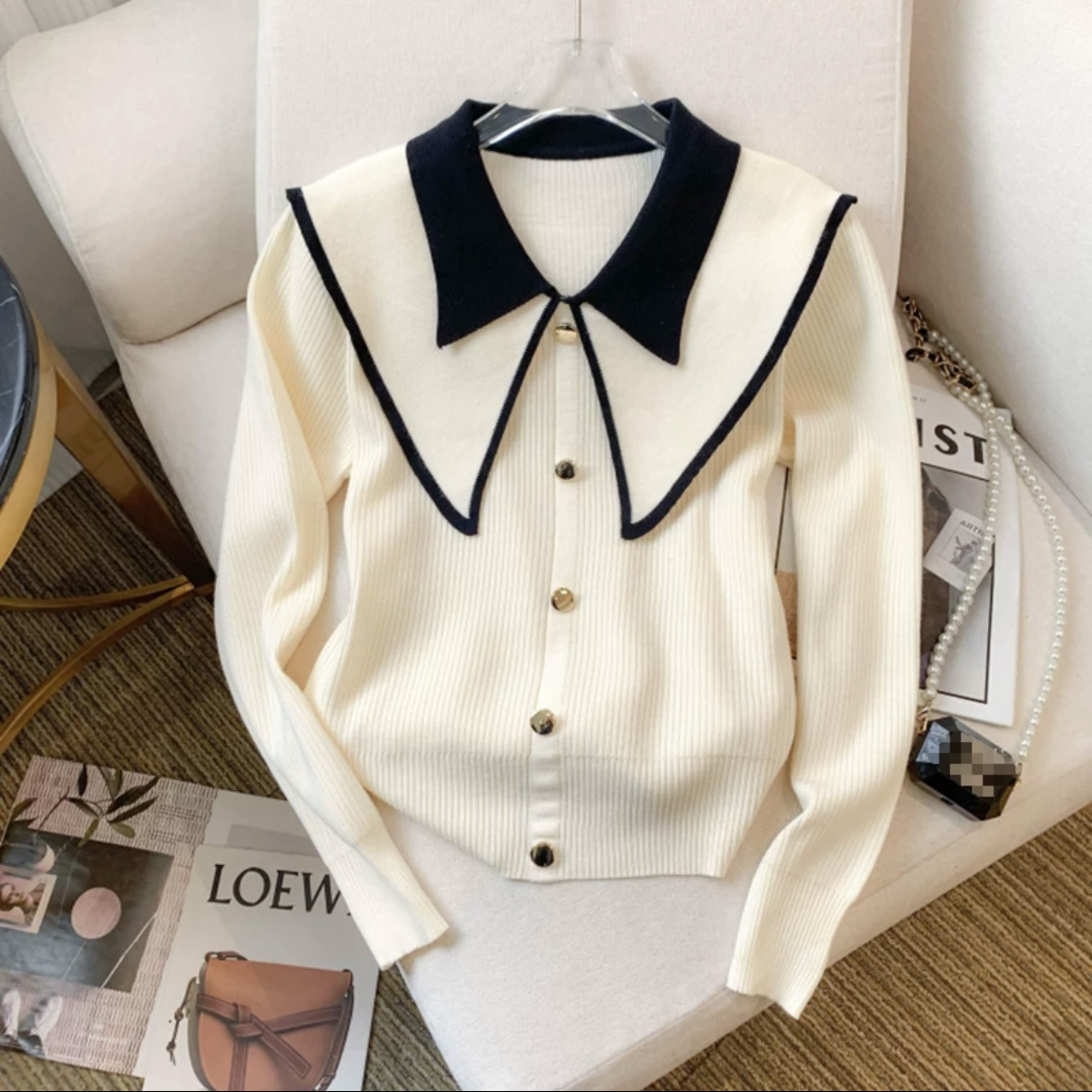 娃娃领打底衫女秋冬高级感内搭毛衣小香风撞色减龄感针织衫2211