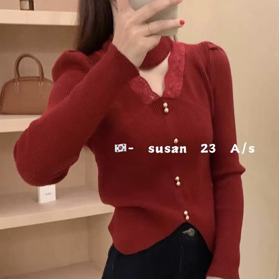 【现货】2023春款上衣挂脖新款气质修身软糯毛衣女V领长袖针织长袖