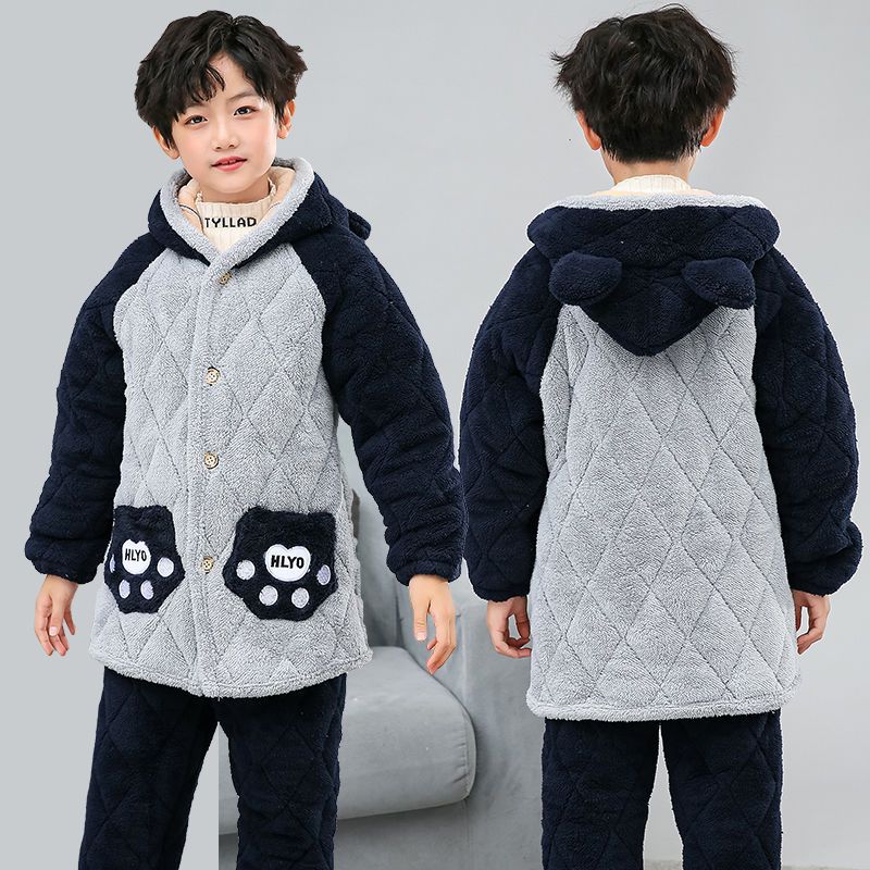 儿童冬季加绒加厚家居服套装男童女童三层夹棉家居服保暖套装