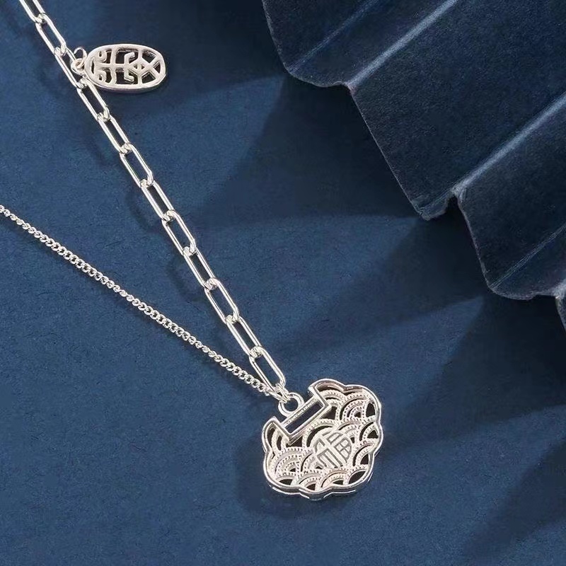 坠链均足银 A8041【平安吊牌花丝锁项链】足银990时尚百搭复古气质