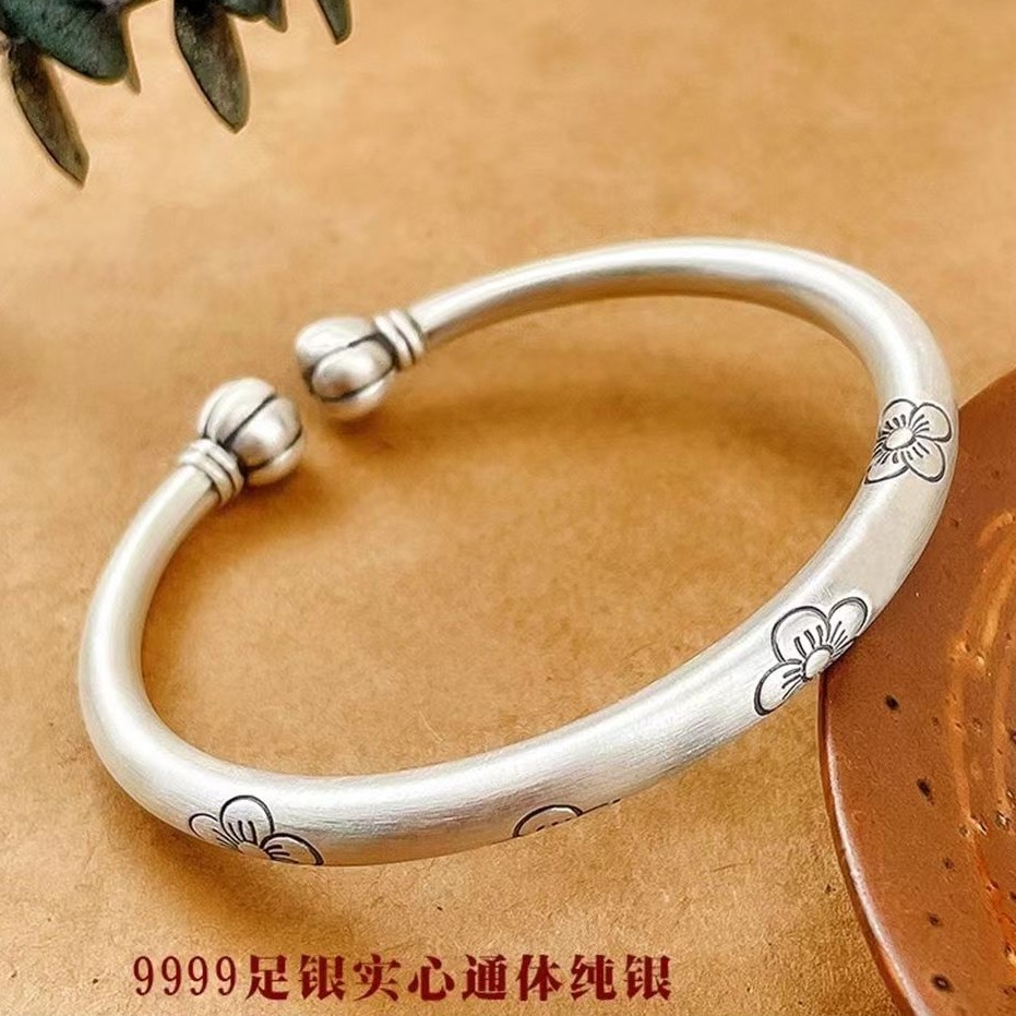 足银手镯 A1035【小花南瓜做旧古风开口】约40克足银9999手镯做旧款
