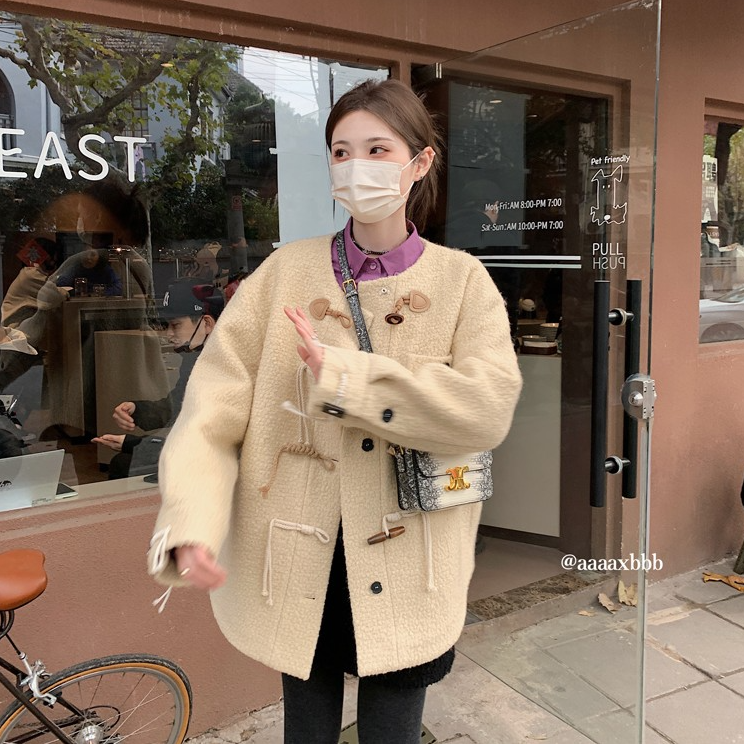 aaaaxbbb 伯爵茶cookie 圈圈羊毛绒夹棉牛角扣大衣小众外套折扣