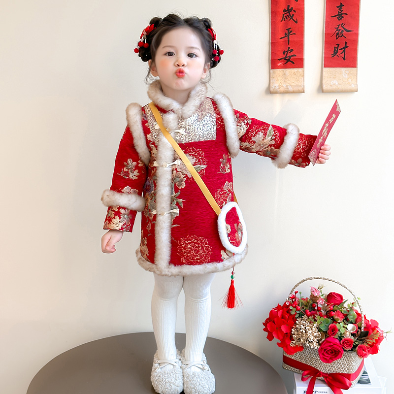 元旦女童拜年服唐装儿童汉服喜庆过年服冬加棉加厚红色中国风旗袍