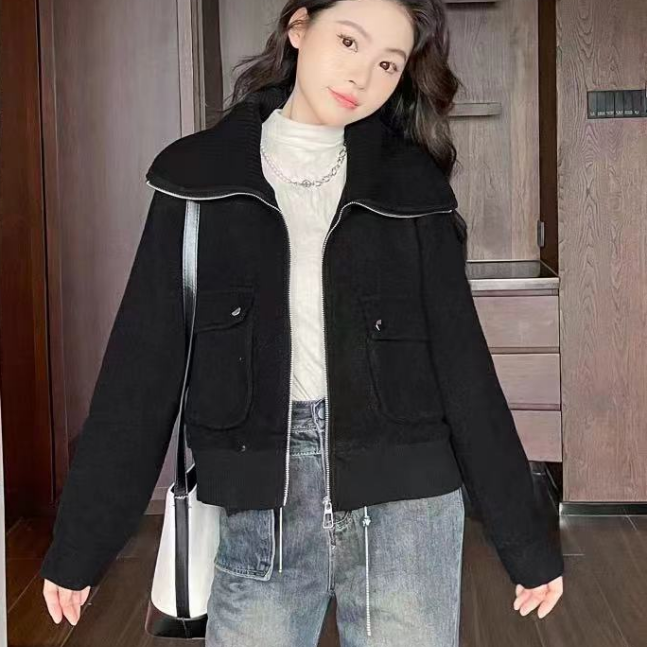 翻领短款小香风毛呢外套女秋冬新款时尚气质长袖上衣1150#