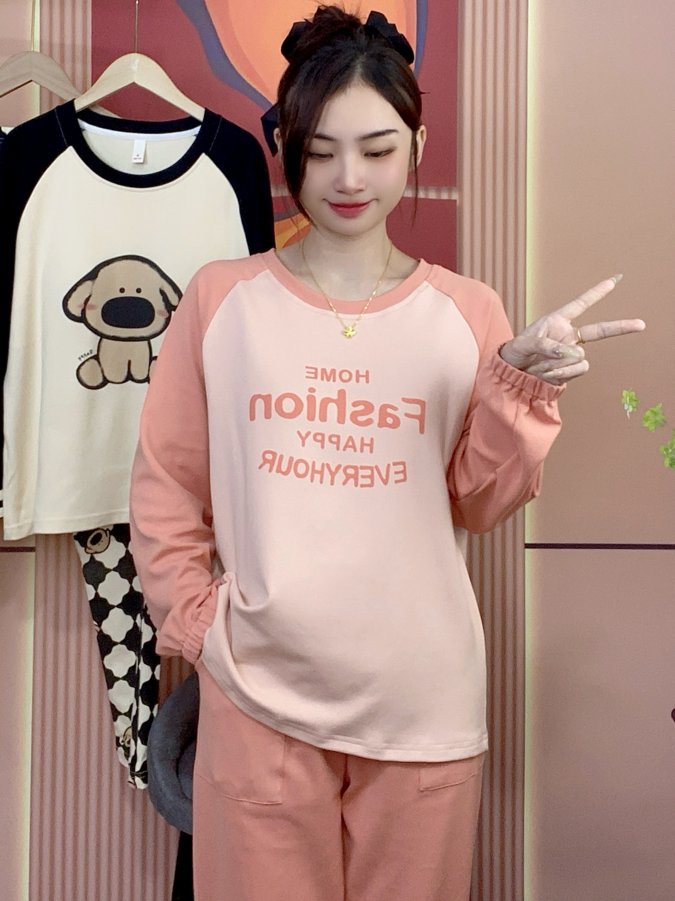 新品带胸垫纯棉睡衣秋冬款女士长袖睡衣休闲免穿可外穿家居服套装