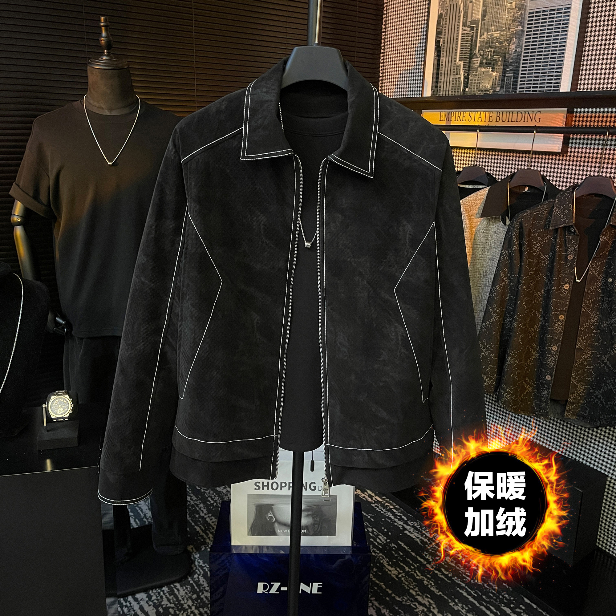 【J99922】冬季原创高定明线装饰设计加绒厚款翻领夹克休闲拉链外套