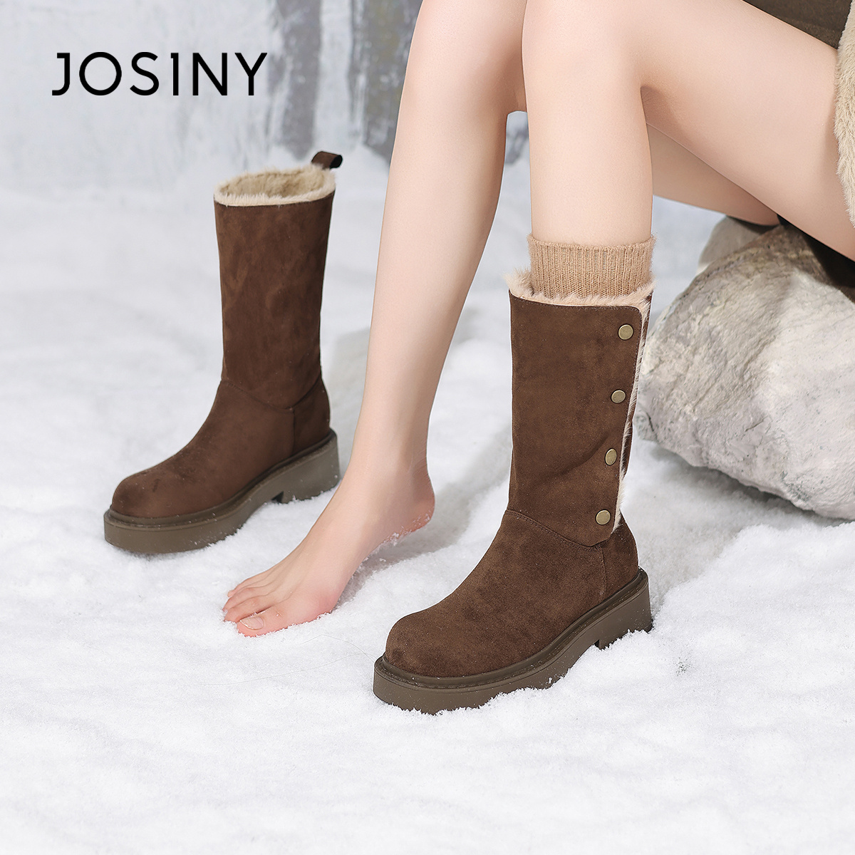 Josiny/卓诗尼中筒雪地靴女厚绒防寒保暖靴子2025冬新款厚底女靴