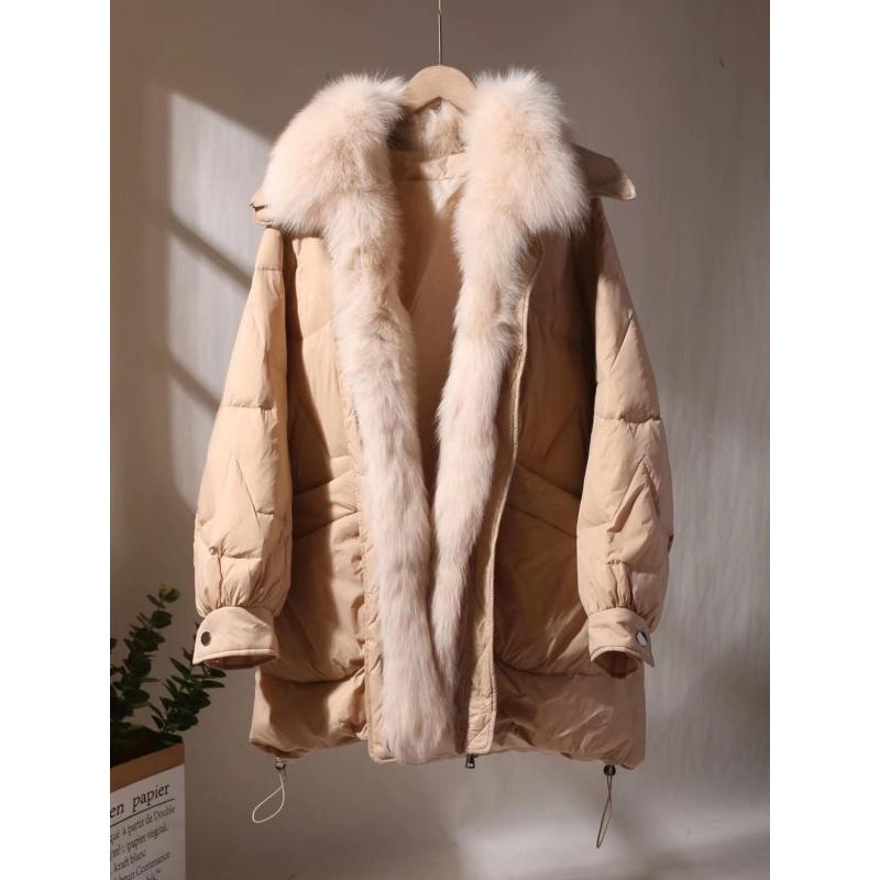 洋气宽松大版奢华狐狸毛领白鹅绒中长款羽绒服御寒保暖