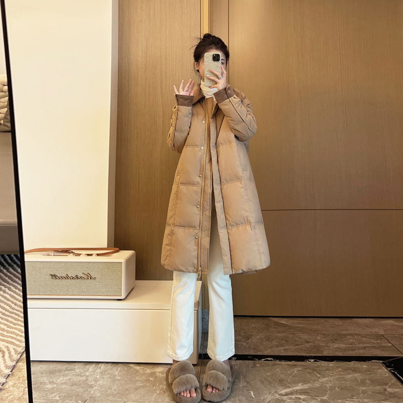 羽绒服女中长款2023年新款复古灯芯绒翻领加厚小个子宽松保暖外套